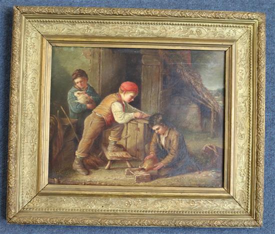 Henry Garland (fl.1854-1900) Boys in a stable 8 x 10in.